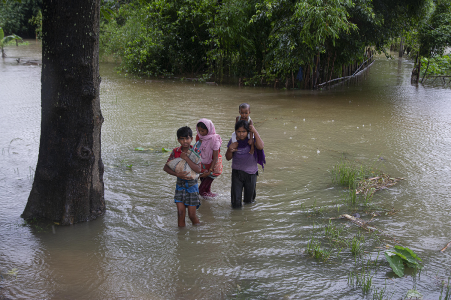 Bybor vadar genom flodvatten i översvämmade Morigaon i delstaten Assam i nordöstra Indien i slutet av juni.