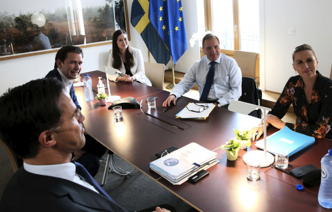 EU-toppmötets "frugala fyra" består av Nederländernas Mark Rutte, Österrikes Sebastian Kurz, Sveriges Stefan Löfven och Danmarks Mette Frederiksen.
