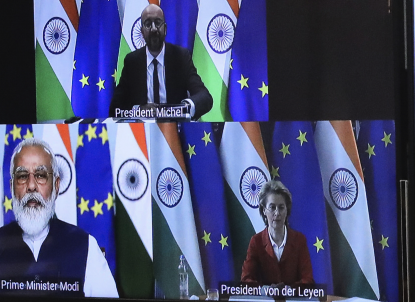 Indiens premiärminister Narendra Modi under videomötet med Europeiska rådets ordförande Charles Michel och Europeiska kommissionens ordförande Ursula von der Leyen, i mitten av juli.