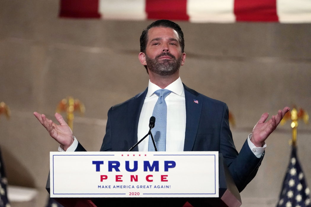 Don Trump i en talarstol i Washington, där han spelade in sitt tal till Republikanernas partikonvent.