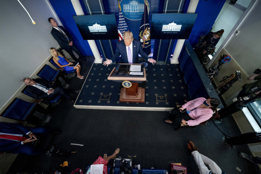 USA:s president Donald Trump vid en presskonferens i Vita huset.