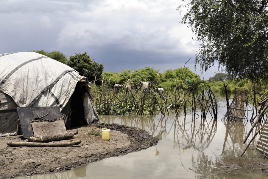 Ett hem i Lenyari i Sydsudan är omringat av vatten.
