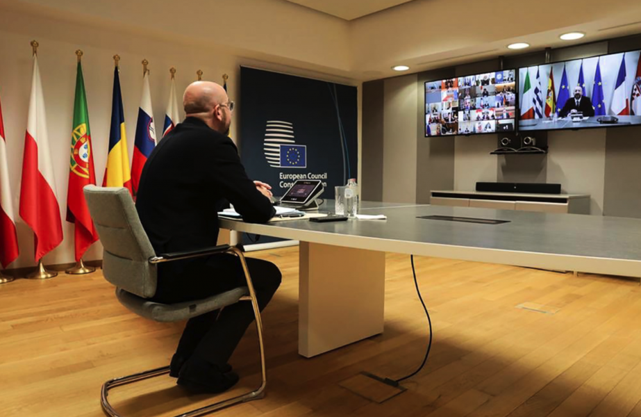EU:s permanente rådsordförande Charles Michel vid det virtuella G20-mötet i mars.
