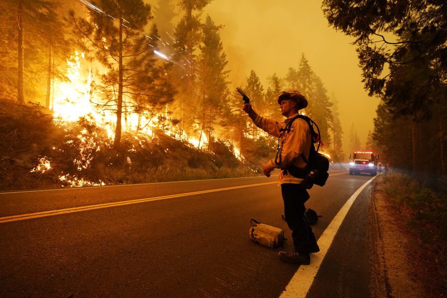En brandman avfyrar gnistor för att tända en kontrollerad brand under den stora Creekbranden i Kalifornien den 6 september.