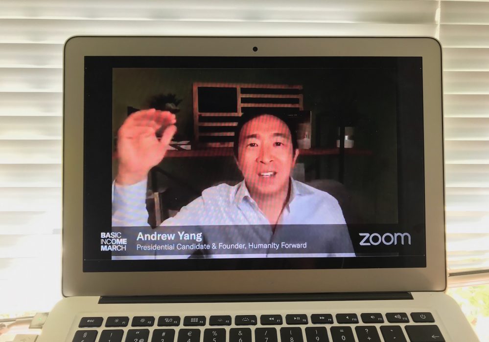 Andrew Yang var en av flera kända talare på det streamade basinkomst-seminariet.
