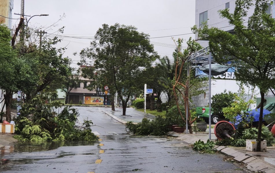 Tyfonen Molaves kraftiga vindar river ned träd och sliter av hustak.