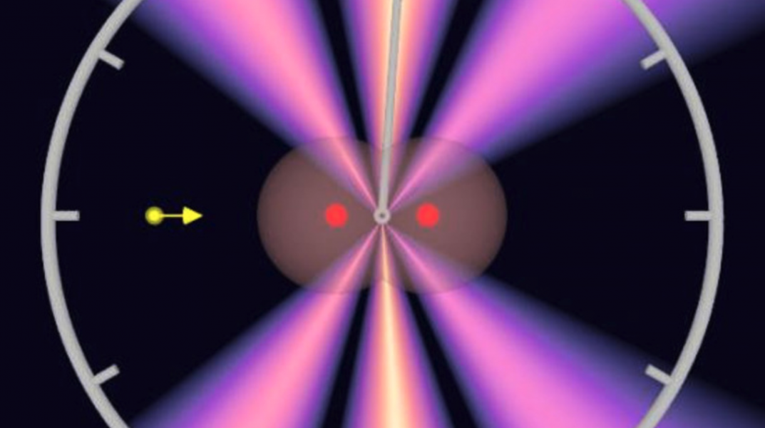 Bilden visar hur fotonen (gul) producerar elektronvågor ur elektronmolnet (det grå) och när vågorna möts (det violetta).