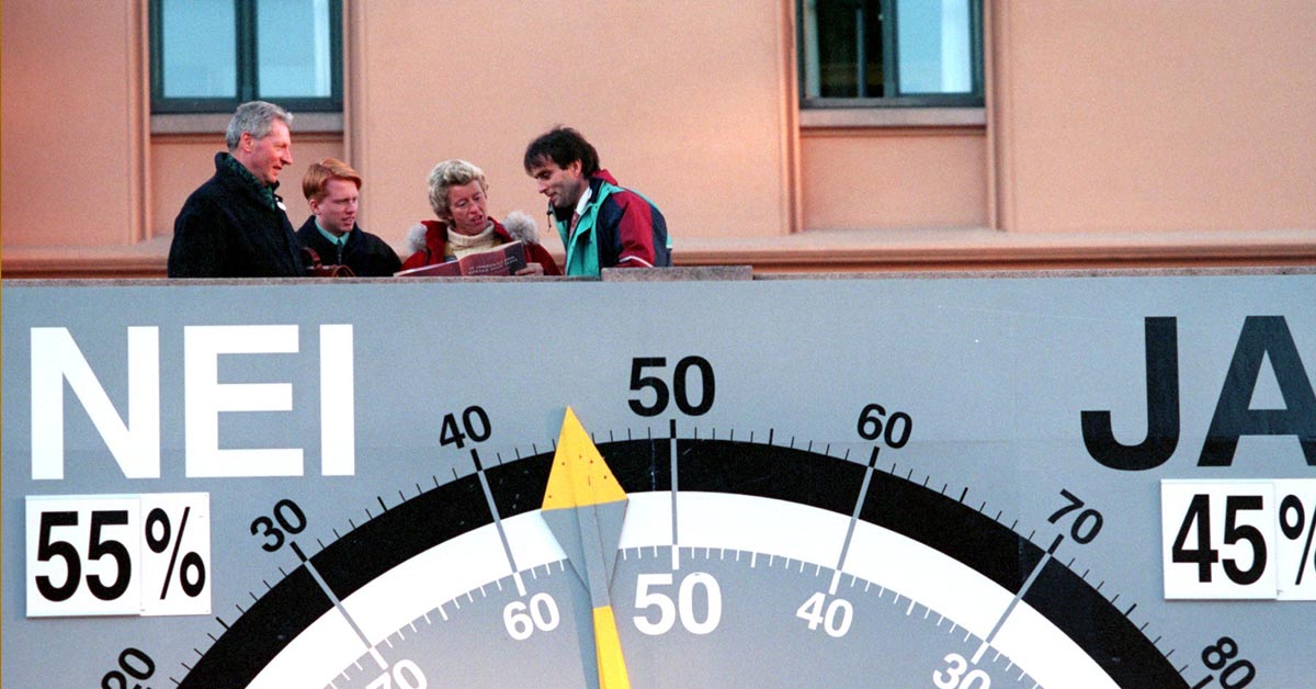 Fyra dagar före Norges folkomröstning om EU-medlemskap i november 1994 visade den stora valbarometern i Oslo att norrmännen var tveksamma inför att bli en del av en tvivelaktig organisation.