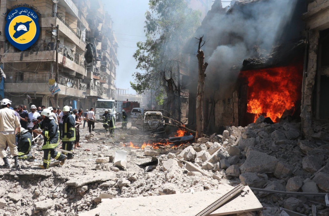 Förödelse efter artillerianfall i Aleppo, Syrien, år 2016.