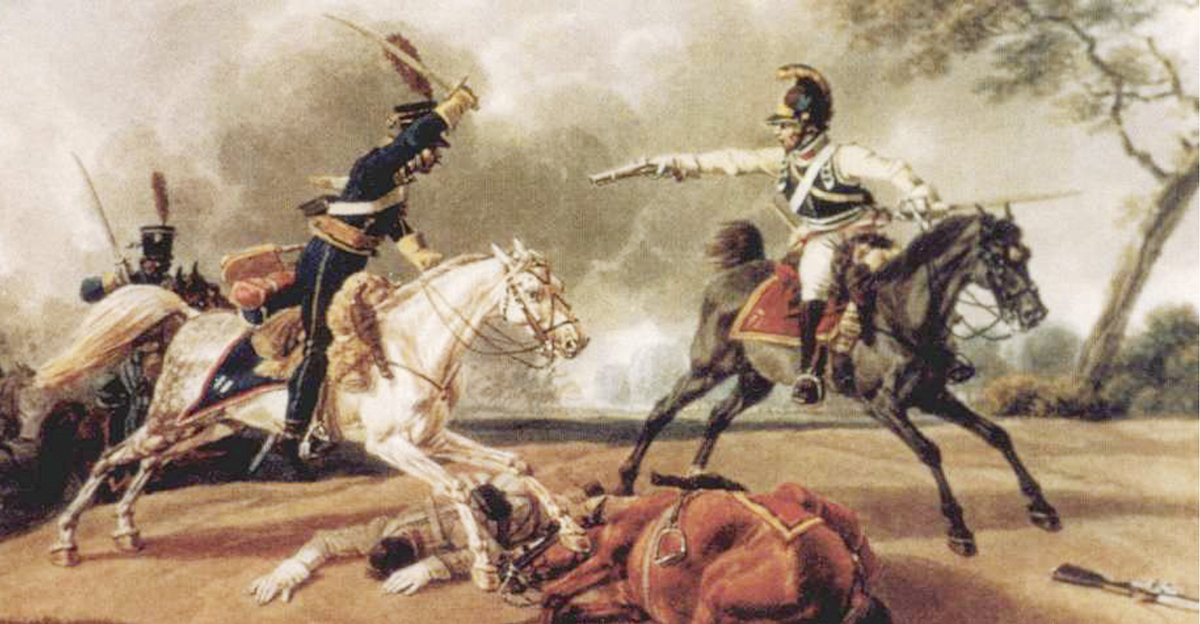 En fransk husar och en österrikisk kyrassiniär skärmytslar under Napoleonkrigen.