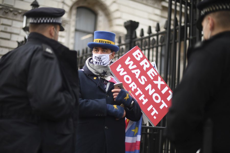 En anti-brexitdemonstrant utanför Downing street i London.