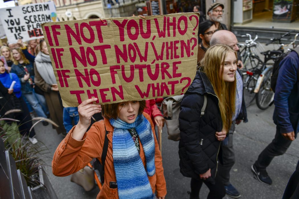 Skolungdomar deltar i en skolstrejk för klimatet arrangerad av Fridays for future 2019.