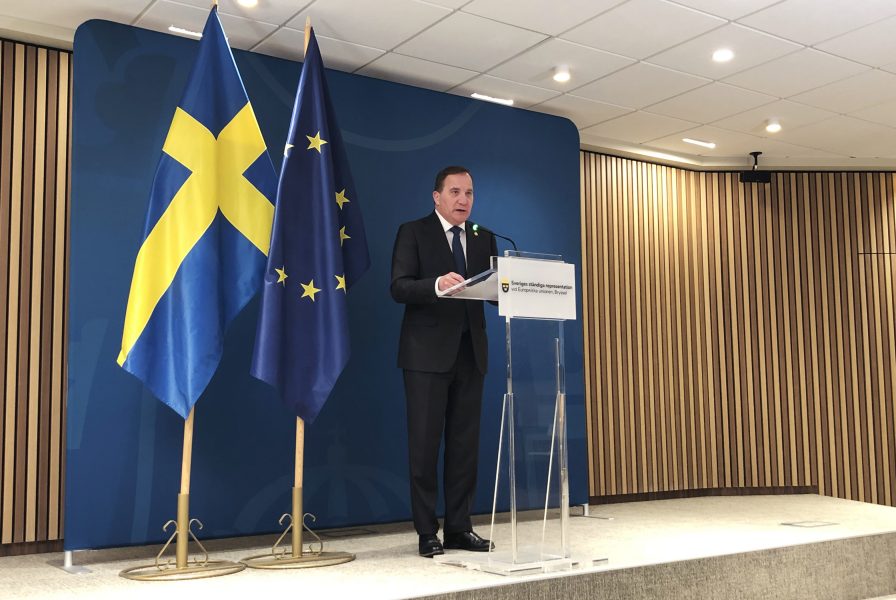Statsminister Stefan Löfven träffar pressen inför torsdagens eu-toppmöte i Bryssel.