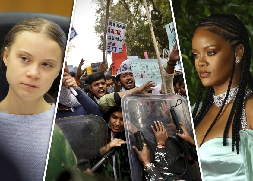 Greta Thunberg och Rihanna har på Twitter visat sitt stöd för Indiens protesterande bönder.