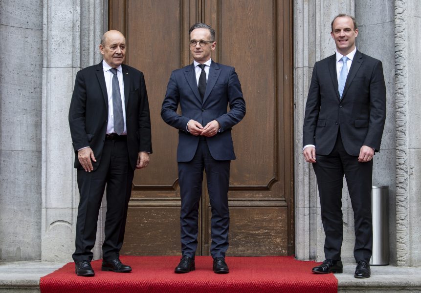 Frankrikes utrikesminister Jean-Yves Le Drian, Tysklands Heiko Maas och Storbritanniens Dominic Raab under ett möte i Berlin i fjol.