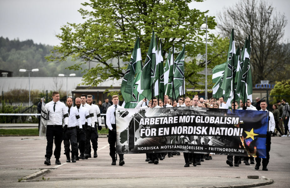 Den nazistiska organisationen Nordiska motståndsrörelsen (NMR) demonstrerar i Kungälv på första maj 2019.
