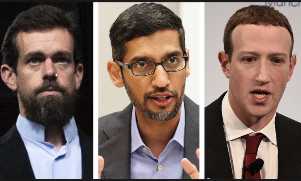 Från vänster: Twitters vd Jack Dorsey, Googles vd Sundar Pichai och Facebooks vd Mark Zuckerberg.