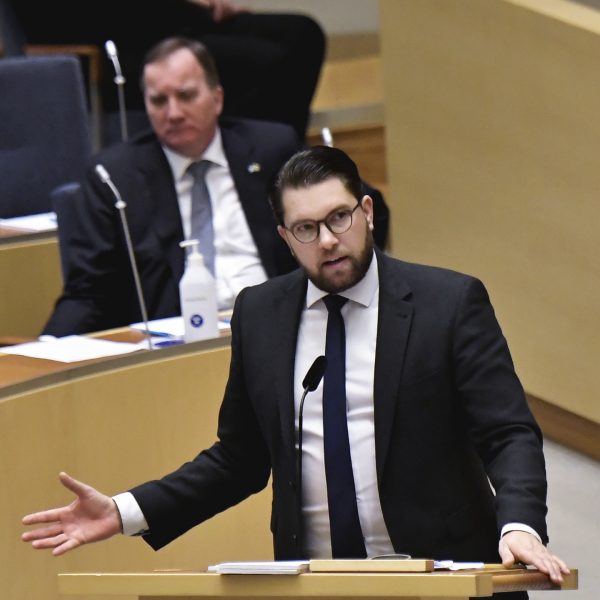 Sverigedemokraternas partiledare Jimmie Åkesson (SD) under dagens partiledardebatt i riksdagen.