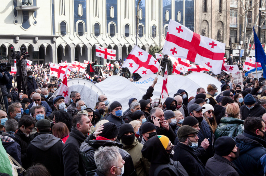 Anhängare till den gripne georgiske oppositionsledaren Nika Melia demonstrerar i februari.