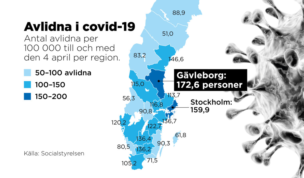 Antal avlidna per 100 000 till och med den 4 april per region, enligt Socialstyrelsens dödsorsaksintyg.