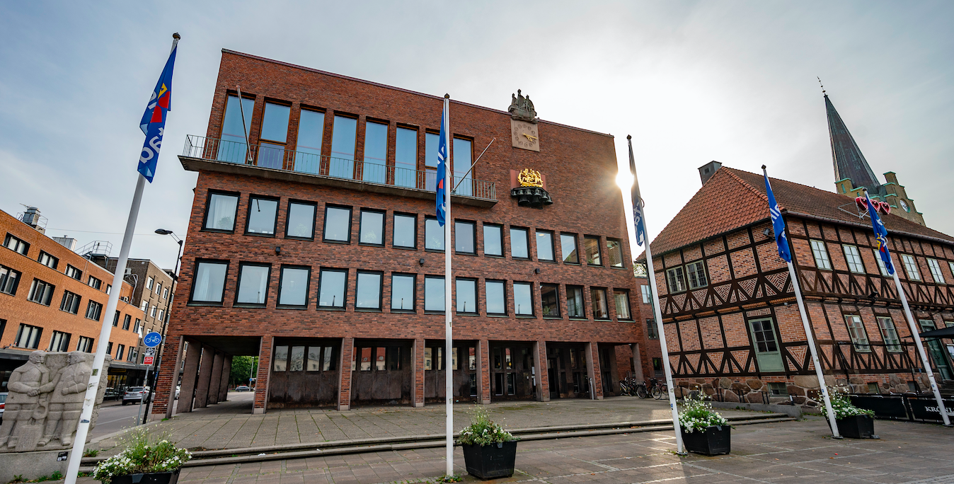 Ett kommunhus reser sig kraftfullt och strängt över medborgarna.