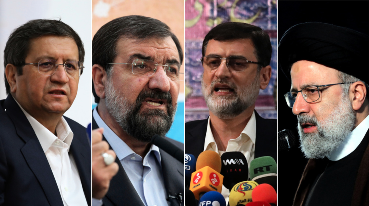 /TTDe fyra kvarvarande kandidaterna, från vänster till höger: Abdolnaser Hemmati, Mohsen Rezai, Amir-Hossein Ghazizadeh Hashemi och Ebrahim Raisi.