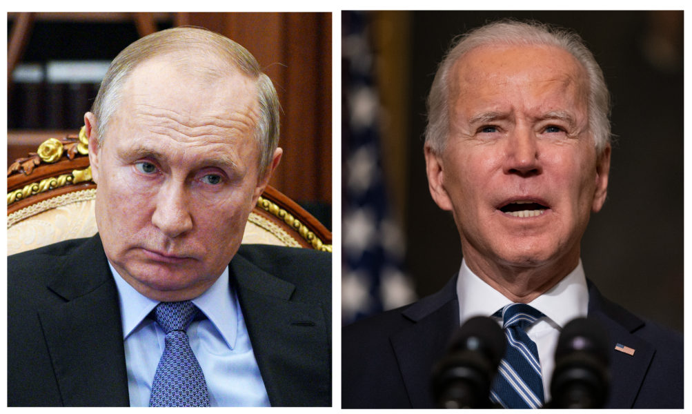 USA:s president Joe Biden och Rysslands president Vladimir Putin vid inledningen av mötet i Genève.