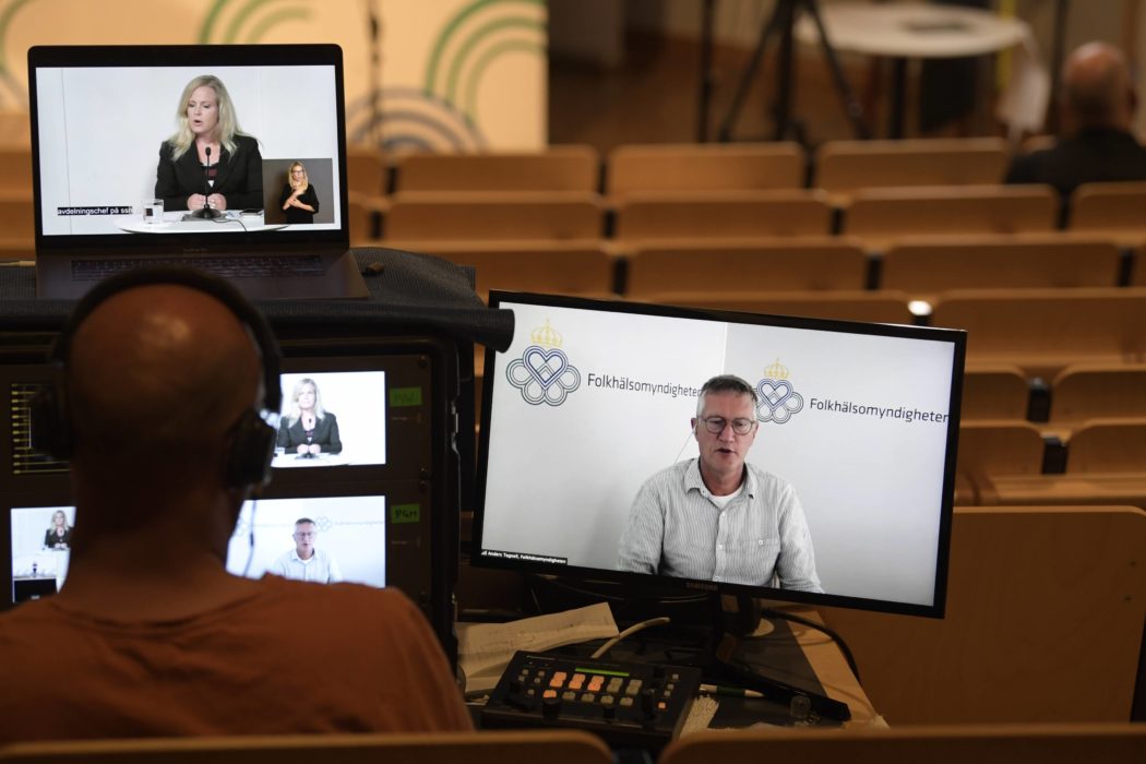Anders Tegnell, statsepidemiolog vid Folkhälsomyndigheten, talar under torsdagens digitala myndighetsgemensamma pressträff om pandemiläget.