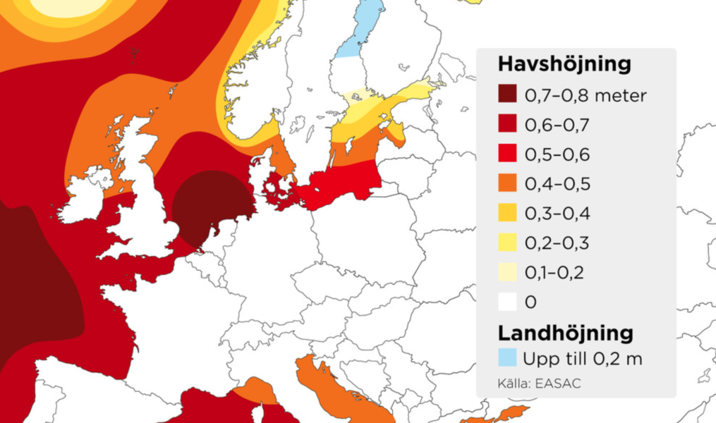 Foto: Johan Hallnäs/TTBeräknad höjning av havsnivån under perioden 2000–2100, om utsläppen av växthusgaser fortsätter att öka (RCP8,5).