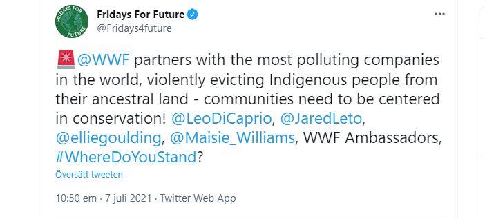 Fridays for future riktar skarp kritik mot WWF på Twitter
