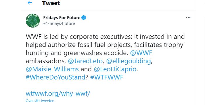 Under hashtagen #WTFWWF uppmanar Fridays for future en rad kändisar att ta ställning mot WWF för dess greenwashing av miljöförstöring