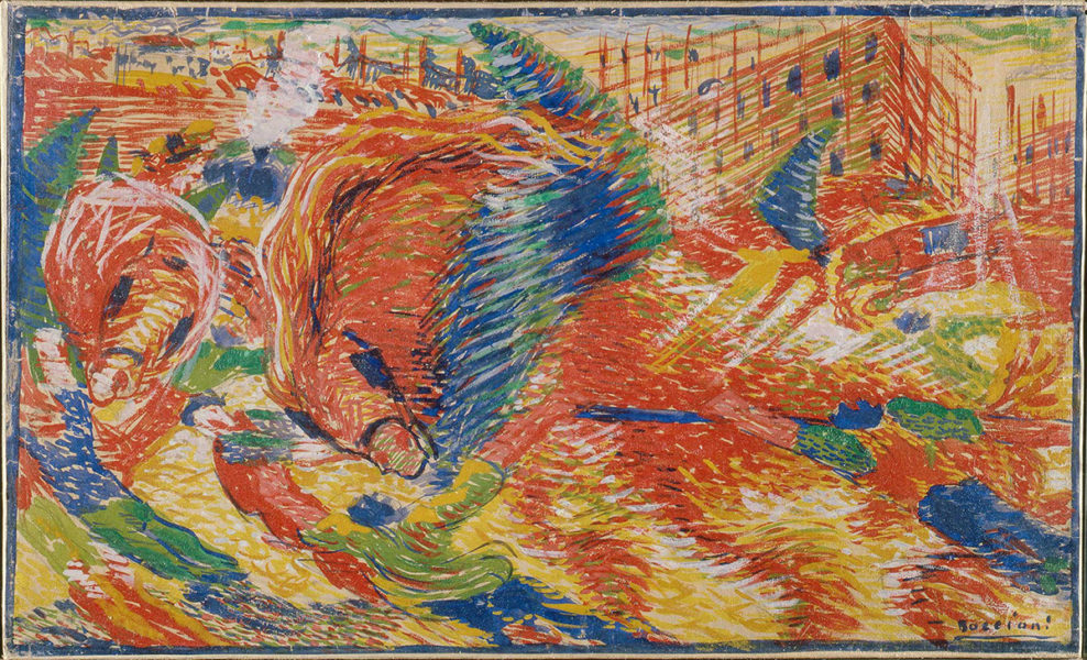 Futuristen Umberto Boccionis målning från 1910 heter La città le sale, Staden reser sig.