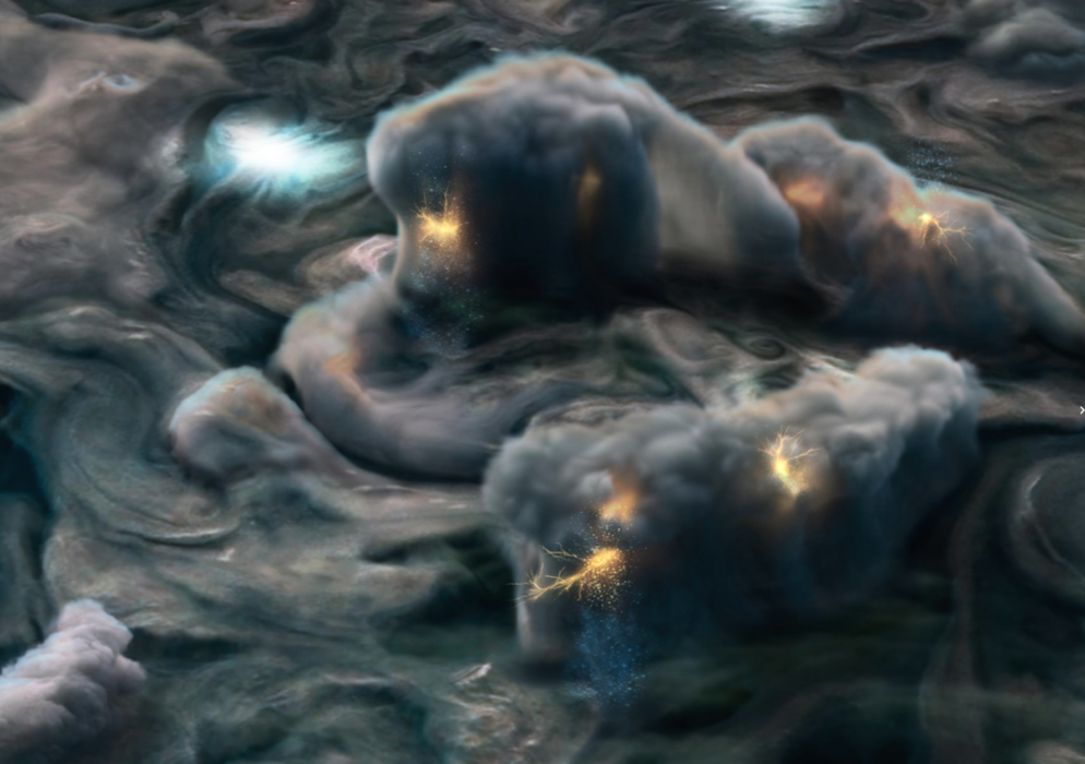 Illustration av stormiga moln på Jupiter, baserade på foton från Nasaexpeditionen Juno.