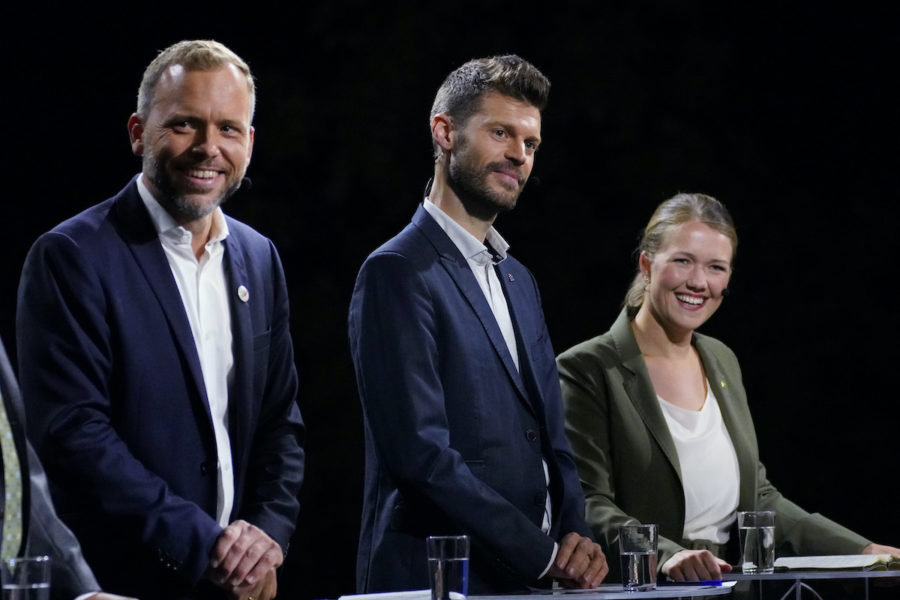 Sosialistisk venstrepartis Audun Lysbakken och Rødts Bjørnar Moxnes, och Miljpartiet de grönnes Une Aina Bastholm under NRK:s partiledardebatt.