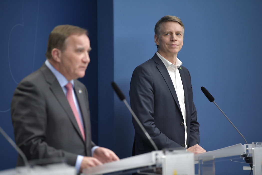 Stefan Löfven (S) och Per Bolund vid en pressträff i Rosenbad.