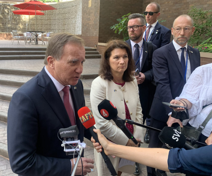 Statsminister Stefan Löfven (S) och utrikesminister Ann Linde (S) vid en pressträff i samband med FN:s generalförsamlings allmänna debatt i New York.
