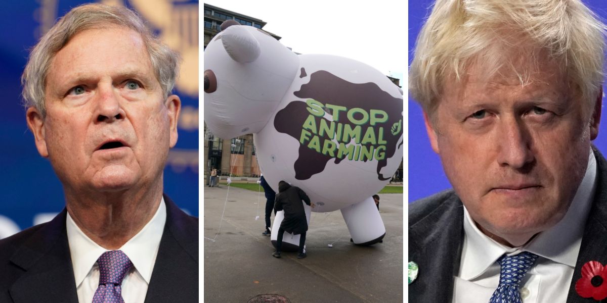 USA:s jordbruksminister Tom Vilsack och Storbritanniens premiärminister Boris Johnson får kritik för att blunda för djurproduktionens roll i klimatförändringarna.