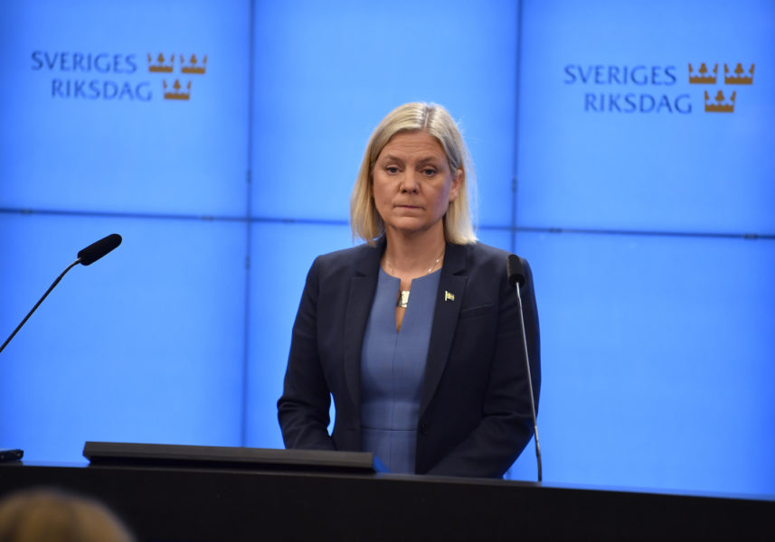 Magdalena Andersson under onsdagens presskonferens efter beskedet om att MP hoppar av regeringen.