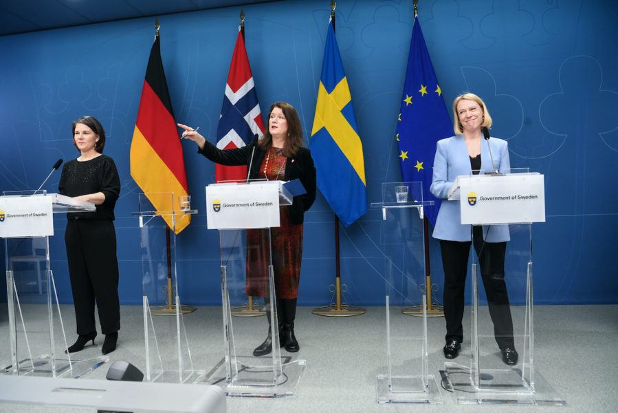Tysklands utrikesminister Annalena Baerbock, Sveriges Ann Linde och Norges Anniken Huitfeldt i Stockholm på tisdagen.