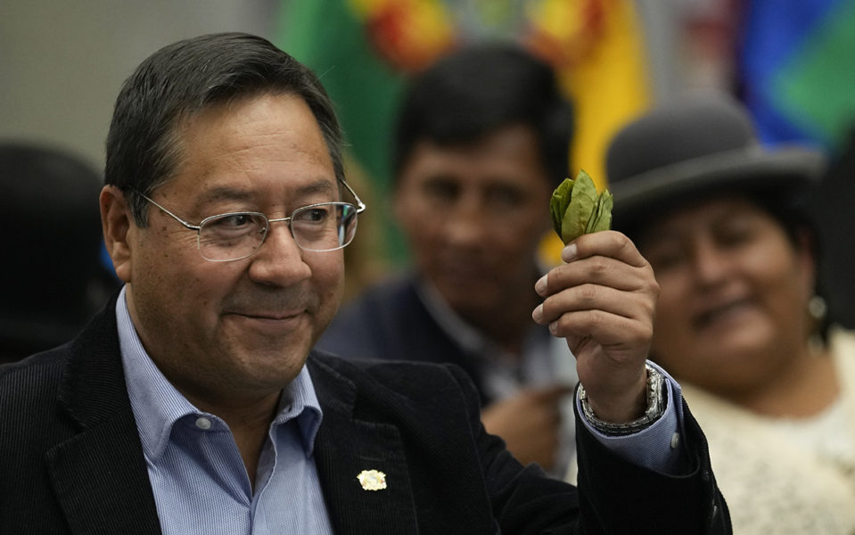Bolivias president Luis Arce håller upp ett kokablad under den nationella tugga kokablad-dagen.