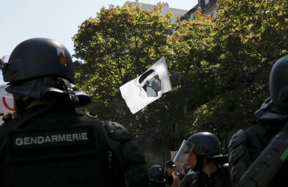 En demonstrant viftar med en korsikansk flagga vid en demonstration i Paris förra sommaren.