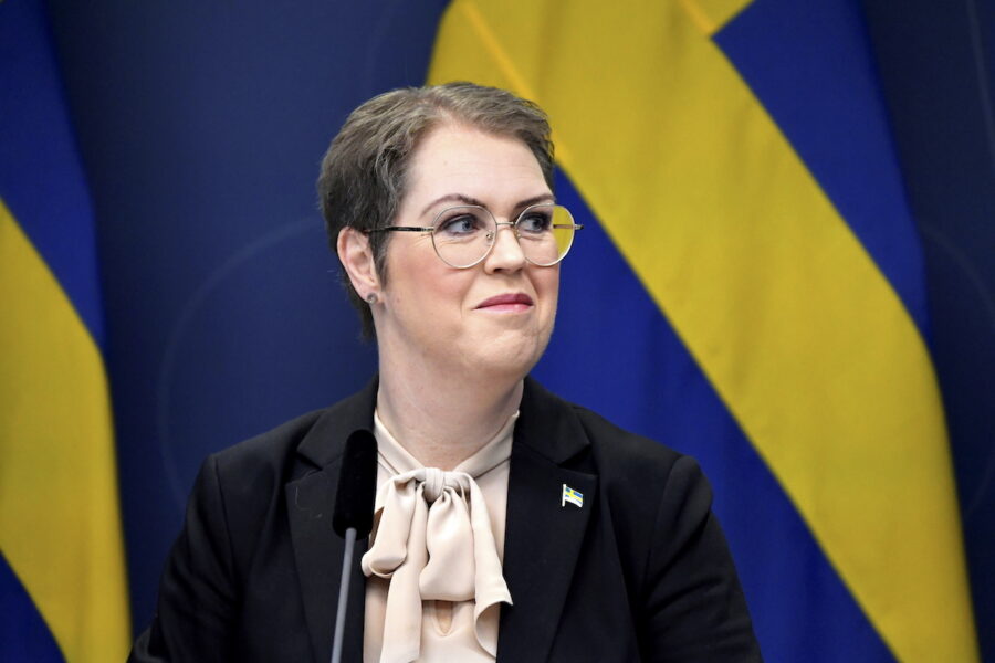 Socialminister Lena Hallengren på pressträff om insatser kopplat till hälso- och sjukvården med på grund av Rysslands invasion av Ukraina.