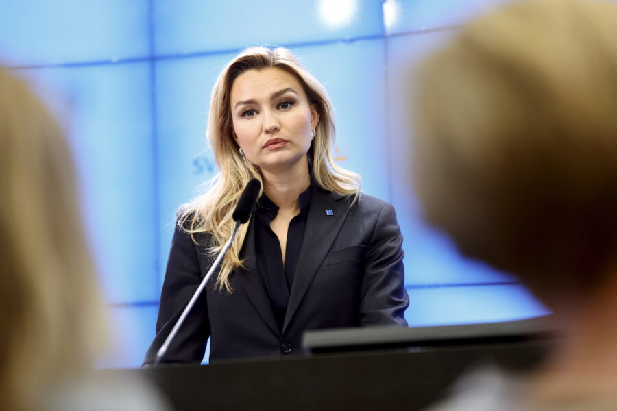 Kristdemokraternas partiledare Ebba Busch vid presentationen av partiets vårbudgetmotion i tisdags.