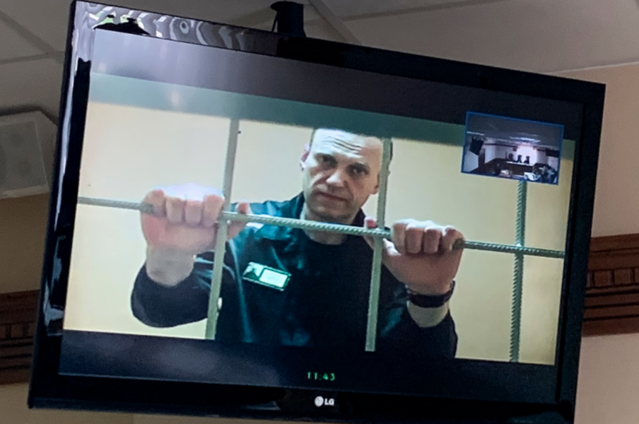 Aleksej Navalnyj via videolänk vid en domstolsförhandling för en vecka sedan.