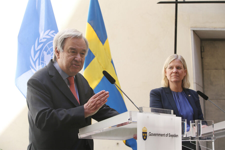FN:s generalsekreterare António Guterres på en gemensam pressträff med statsminister Magdalena Andersson (S) på Sagerska palatset i Stockholm.