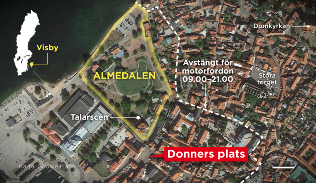 Kartan visar Donners plats nära Almedalen i Visby.