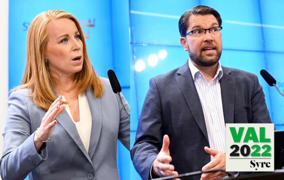 Centerpartiets partiledare Annie Lööf  och Sverigedemokraternas partiledare Jimmie Åkesson presenterar på varsin pressträff sina krav på kommande regeringar.