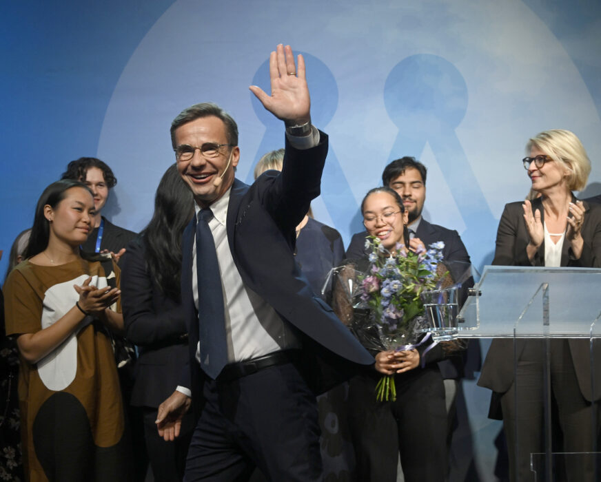 Ulf Kristersson under Moderaternas valvaka i söndags.