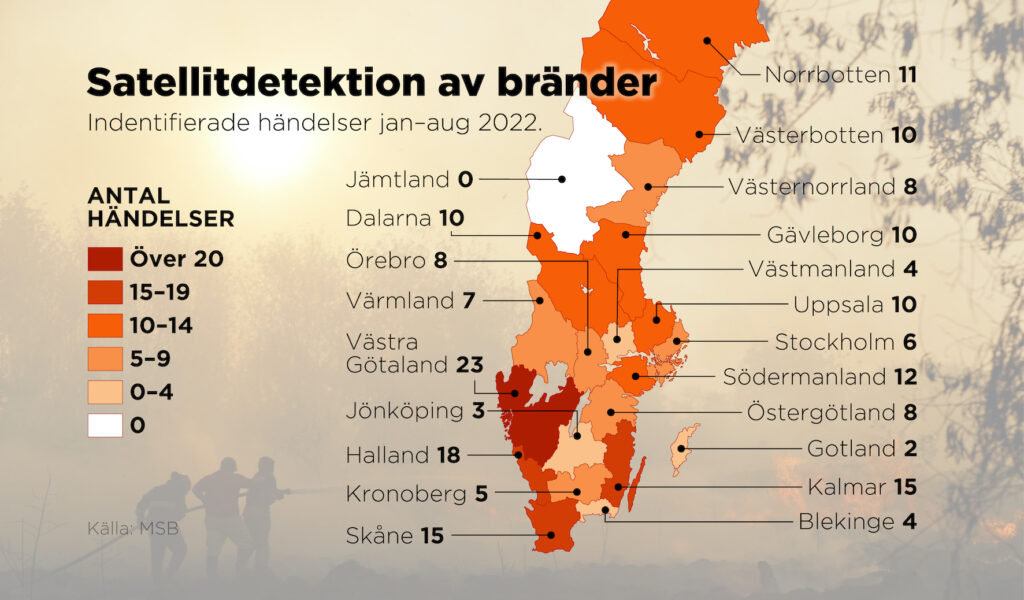 Identifierade händelser i Sverige, län för län, januari–augusti 2022.