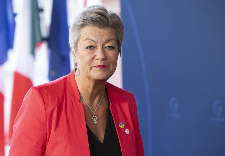 EU:s inrikeskommissionär Ylva Johansson på väg in till ett G7-möte i Tyskland nyligen.